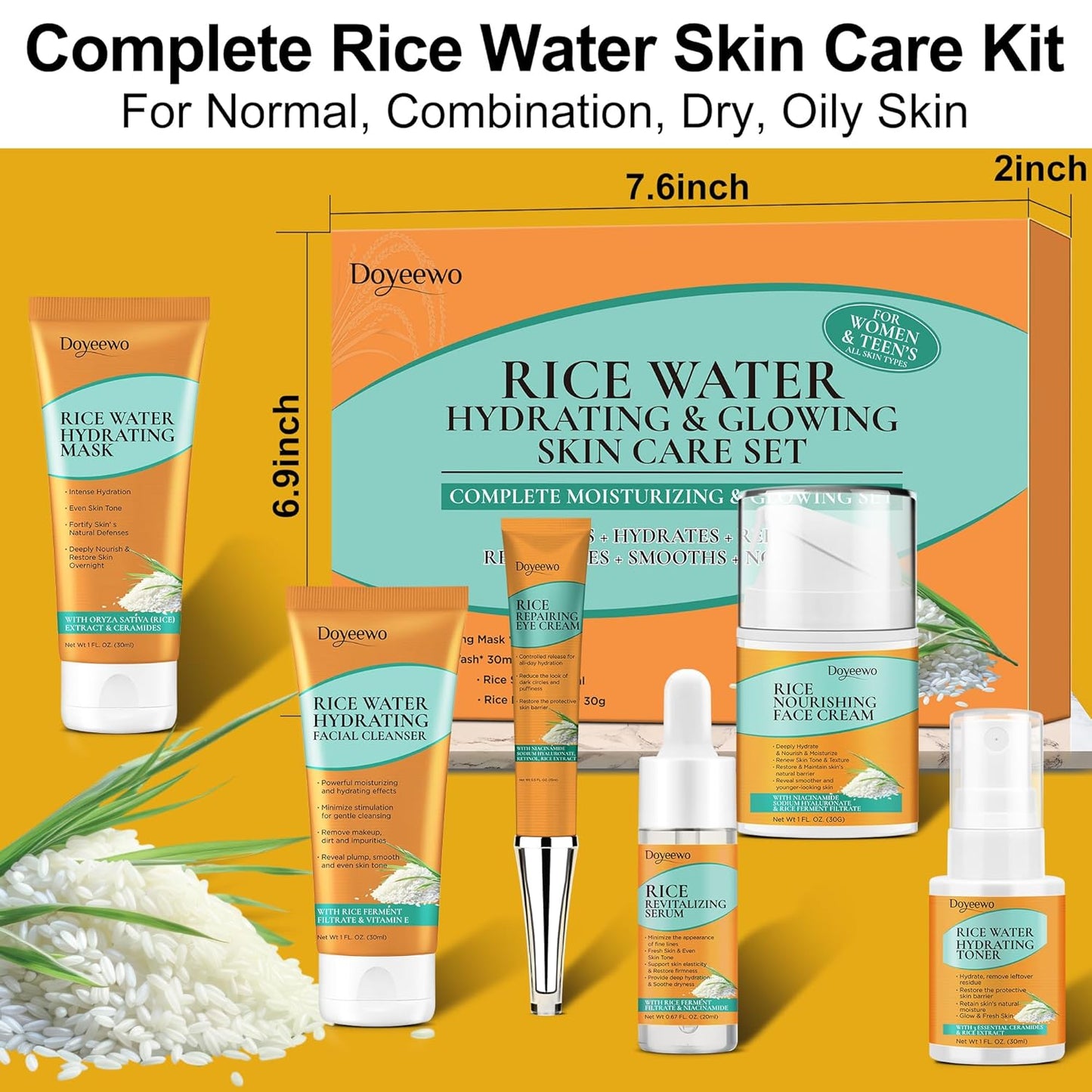 Skin Care Set,6Pcs Women Teen Glass Skincare w/Korean Rice Extract,Hydrate Glow Repair Anti-Aging Facial Routine Kit Self Care Gifts for Women Mom Wife Teenage Girl Her Valentines Day Christmas Gifts
