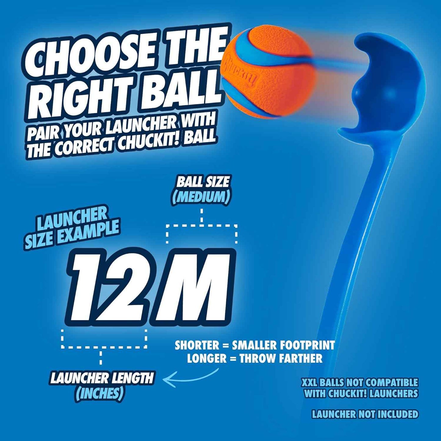Chuckit! Dog Ball Launcher 12M Sport with 12" Handle Length for Medium (2.5" Dog Balls), Plastic Pet Fetch Ball Thrower, For Dogs 20-60 Pounds, Made in USA, Blue