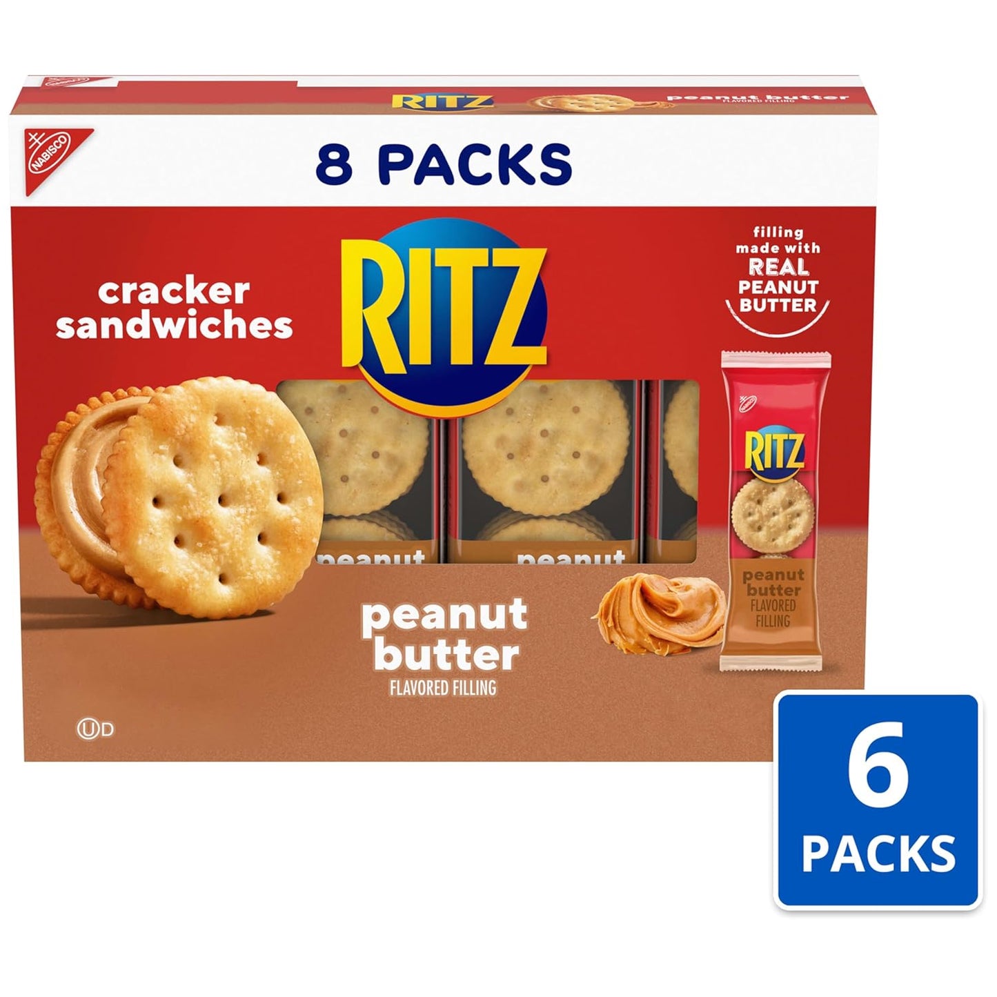 RITZ Peanut Butter Sandwich Crackers, Lunch Snacks, 48 Snack Packs (6 Boxes, 6 Crackers Per Pack)
