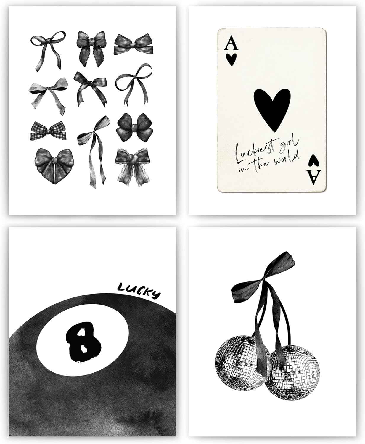 okaxscm Sage Green Coquette Trendy Preppy Wall Art Prints Set of 4, Coquette Preppy Room Decor Aesthetic, Green Bow Disco 8 Ball Cherry Wall Decor Posters for Girls Bedroom Dorm, 8x10 Unframed