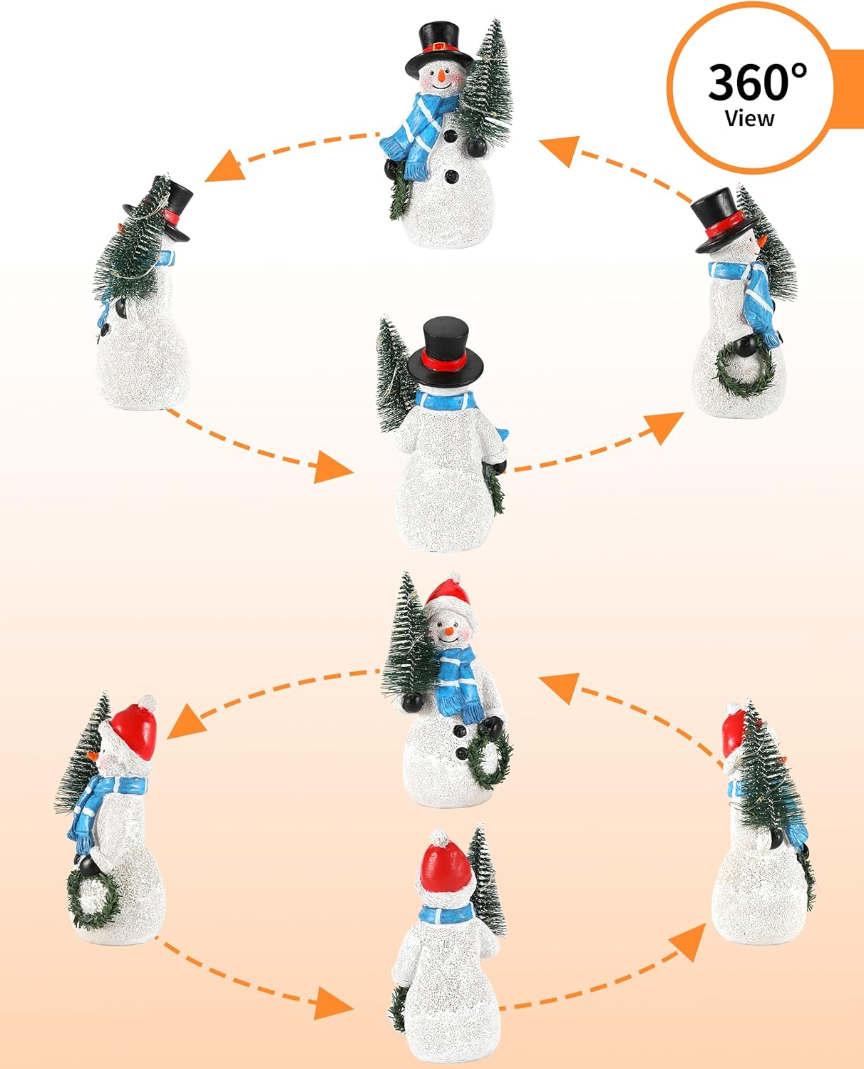 iStatue Resin Snowmen Figurines with Lighted Christmas Tree and Wreath 5'' - Set of 2 Battery Operated - Holiday Decorations Home Decor (Snowman)