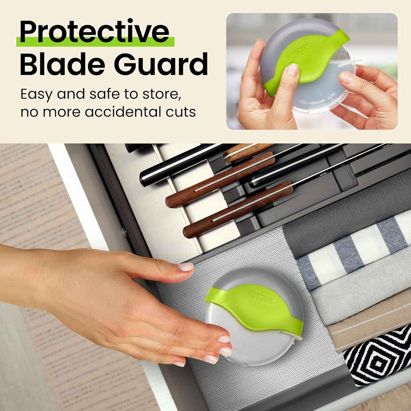 Kitchy Pizza Cutter Wheel with Protective Blade Cover, Ergonomic Pizza Slicer, Green