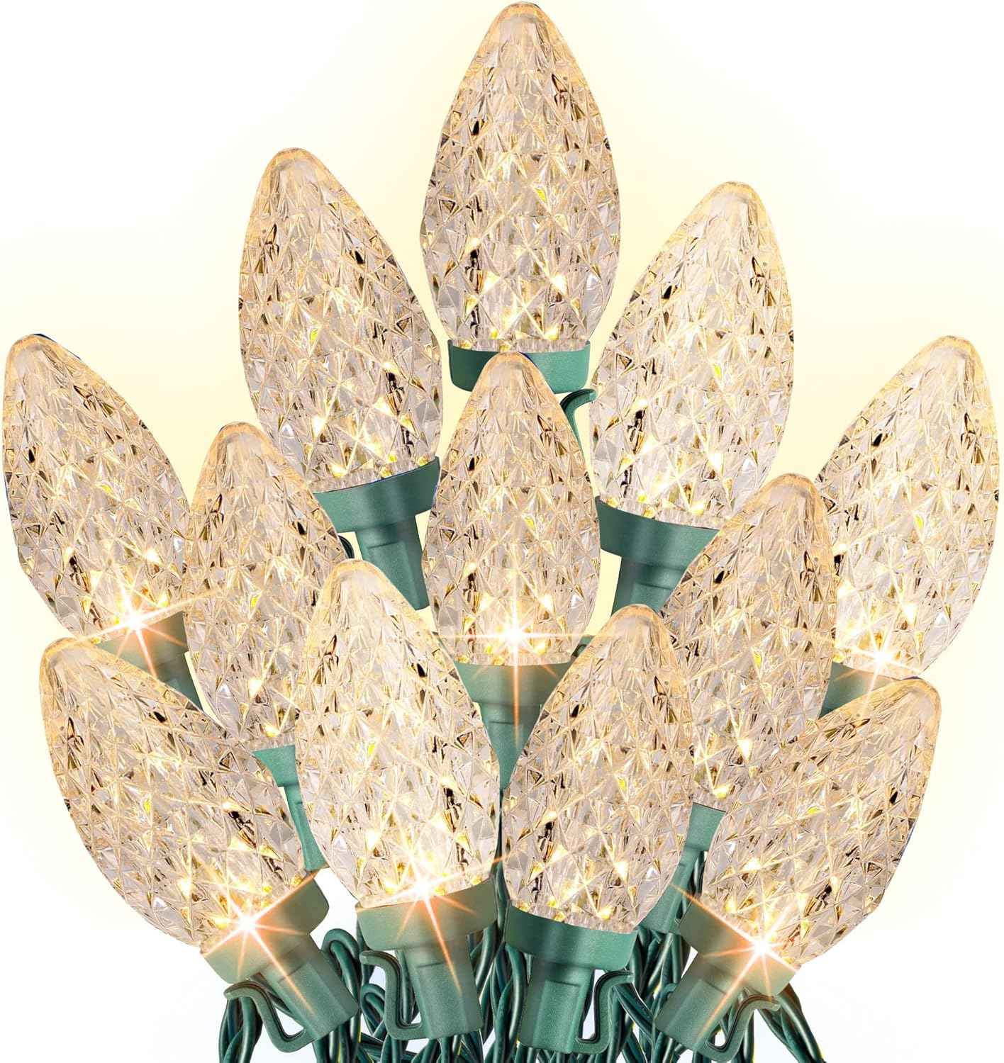 Dazzle Bright C9 Christmas String Lights, 100 LED 66 FT Waterproof Connectable Green Wire Fairy Lights, Christmas Lights for Indoor Outdoor Home Yard Xmas Tree House Decorations (Warm White)