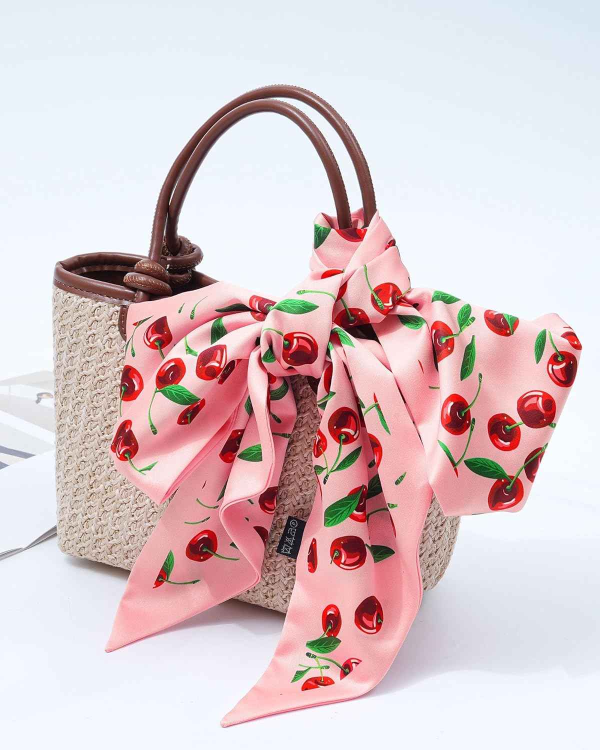 Mesovor Cherry Head Scarf Hair Neck Scarves for Women, Fashion Purse Bag Scarfs | Long Thin Satin Headscarf Headbands