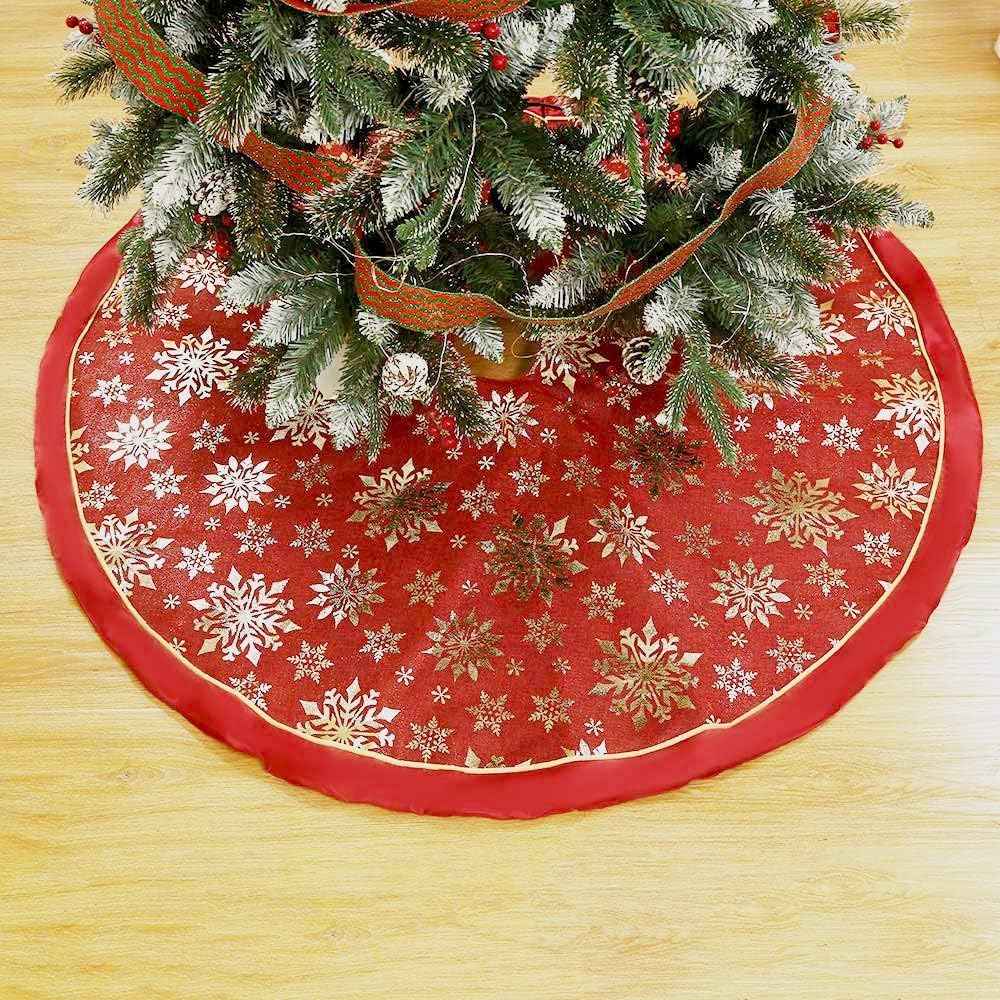 Flash World 48 Inch Large Christmas Tree Skirt Xmas Soft Cover Mat Decor Snowflake Collar Farmhouse Tree Skirt for Holiday Ornaments Party Home Indoor Decorations (Red, 48INCH)