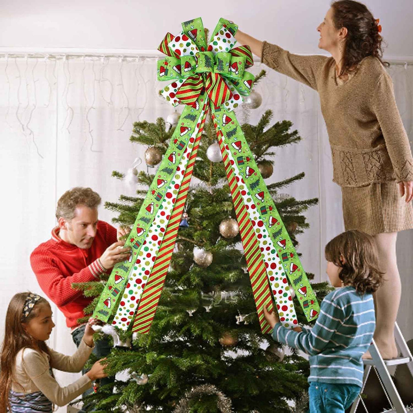 Christmas Tree Topper Bow Wreath, 44 x 13 Inches Large Green Bow Tree Topper,Christmas Wreath for Tree Indoor/Outdoor Christmas Decoration