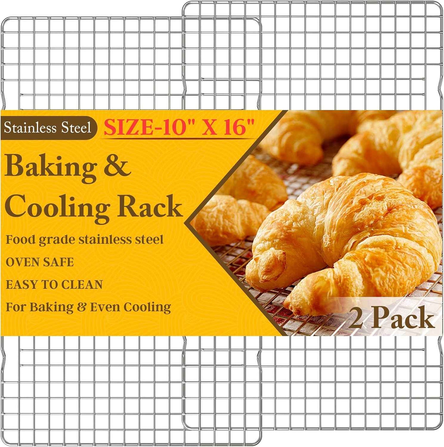 2PCS Cooling Racks for Cooking and Baking - 10" x 15"Heavy Duty Stainless Steel Wire Rack for Baking, Grilling, Roasting - Oven & Dishwasher Safe - Fits Jelly Roll Sheet Pan-Silver