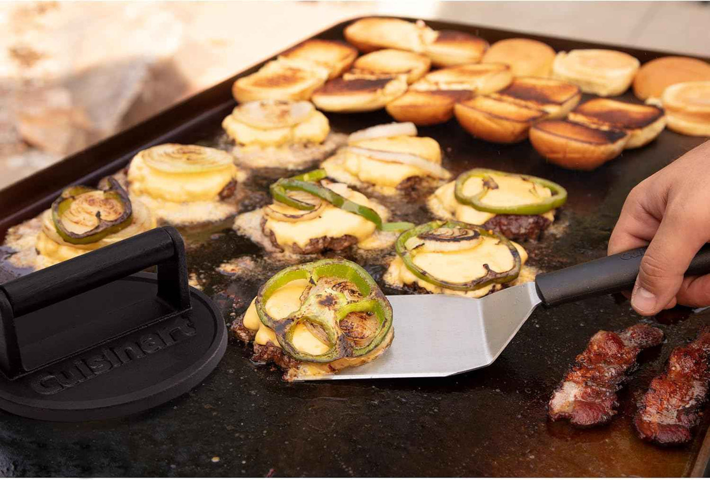 Cuisinart 6.5" Cast Iron Smashed Burger Press, Round Flat Edge Grill Press for Crispy Smash Burgers, Burger Tool for Grill and Griddle Accessories, for BBQs and Tailgates