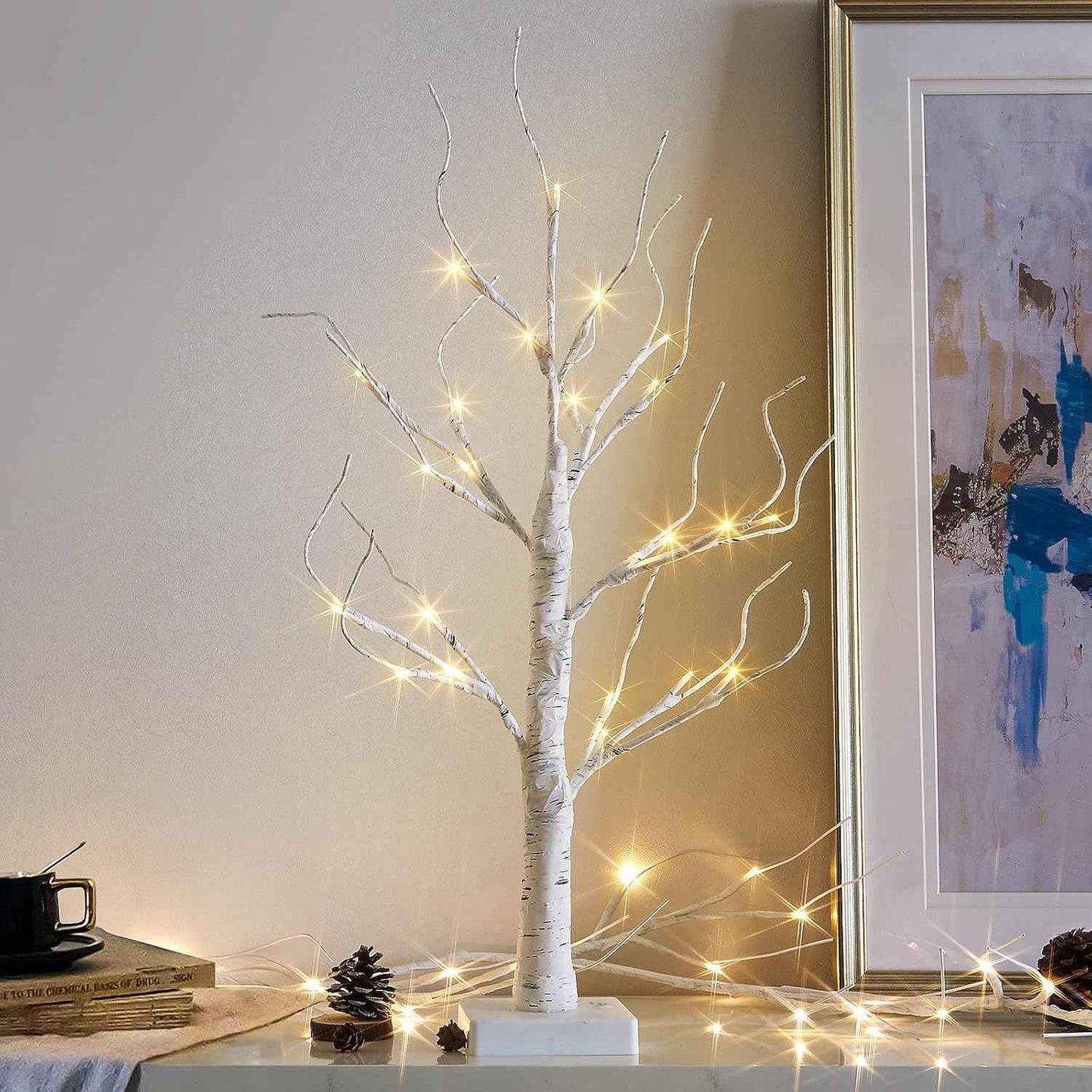Vanthylit White Birch Tree with LED Lights - Set of 2, Tabletop Tree with Timer, Christmas Decorations Lighted Tree for Indoor Mantel Home Decor (2 FT, 24 LED)