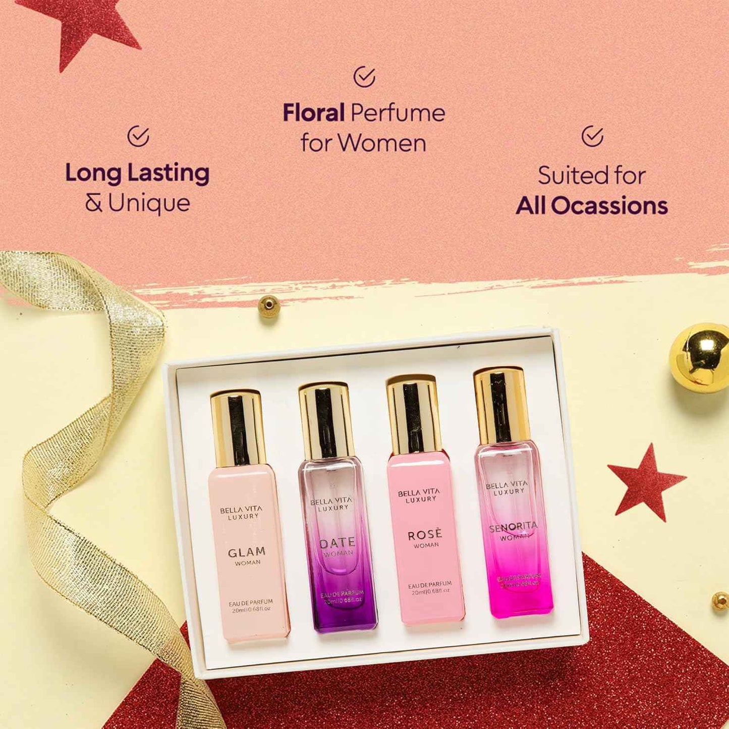 BellaVita Luxury Women's Perfume Gift Set | 4x20ml | Notes of Floral, Sweet, Spicey Red Fruit, Vanilla & Musk | DATE, SENORITA, GLAM & ROSE | French Parfum Collection Gift Set