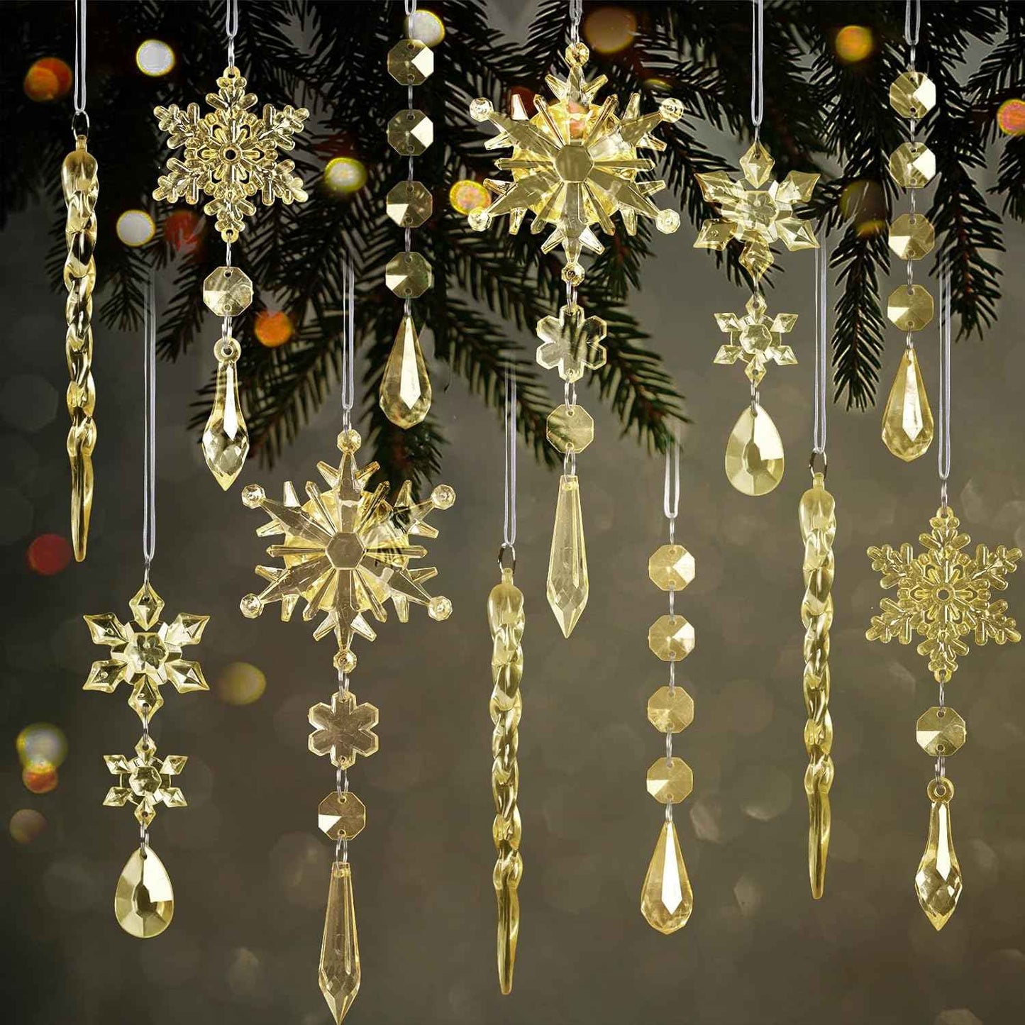 18pcs Crystal Christmas Ornaments for Tree Decorations-Hanging Acrylic Snowflake Icicle Ornaments with Drop Pendants for Winter Wonderland Chandelier Crystals Decorations Supplies