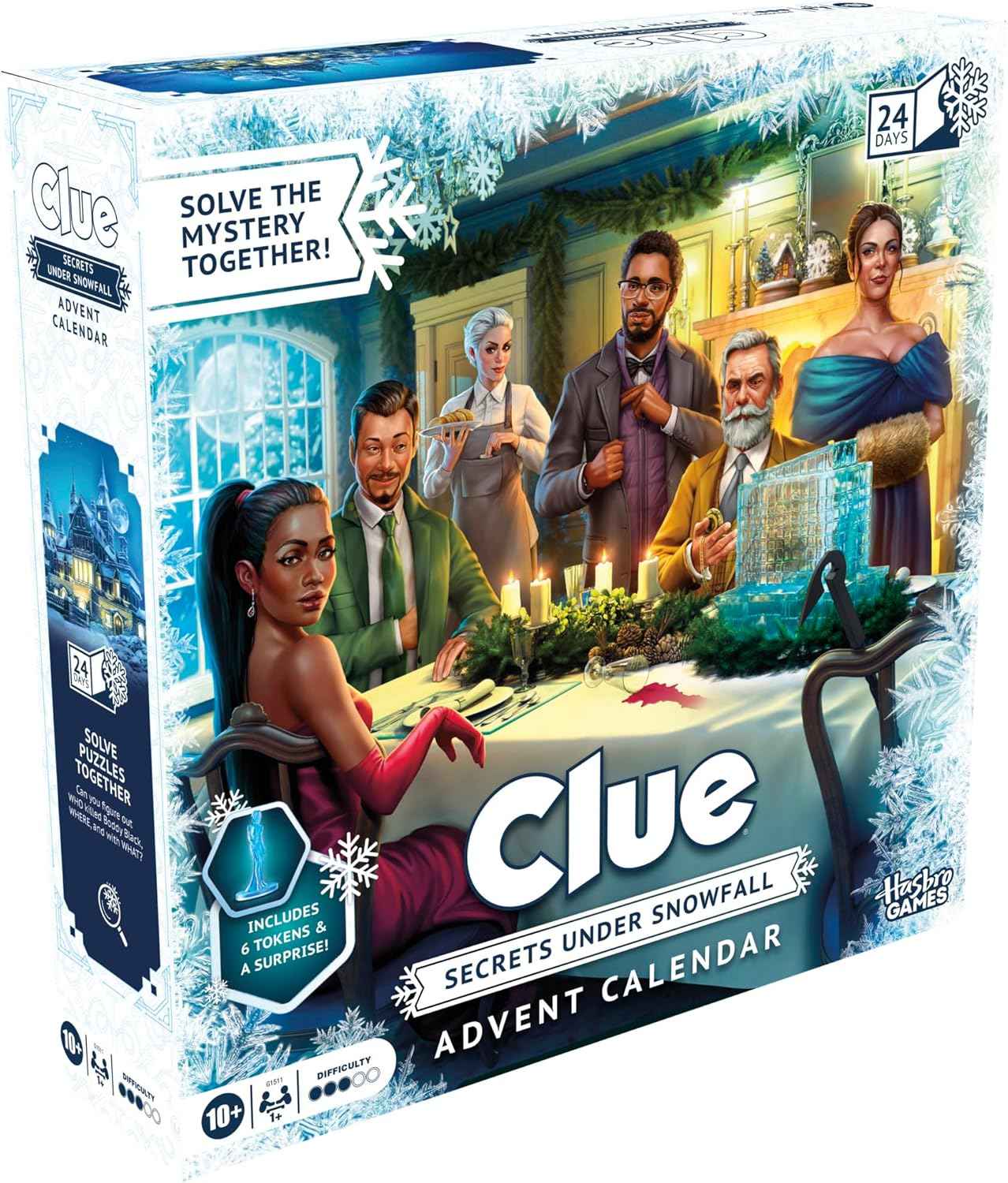 Clue Advent Calendar: Secrets Under Snowfall | 24 Days | Family Mystery Games | with 6 Winter-Themed Tokens and Surprise | Ages 10+ | 1+ Players