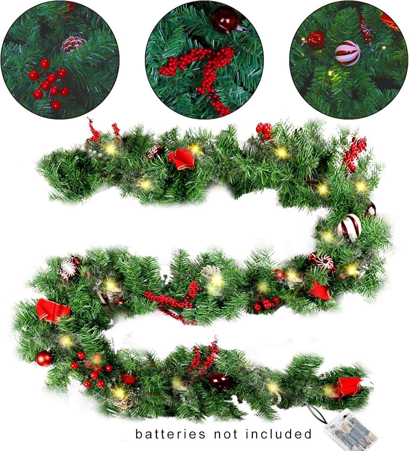 MorTime 9 FT LED Christmas Garland with Pinecones Red Berries Bows Christmas Balls Candies, Multi-Function Christmas Garland with 50 Warm White LED Lights, 180 Branch Tips