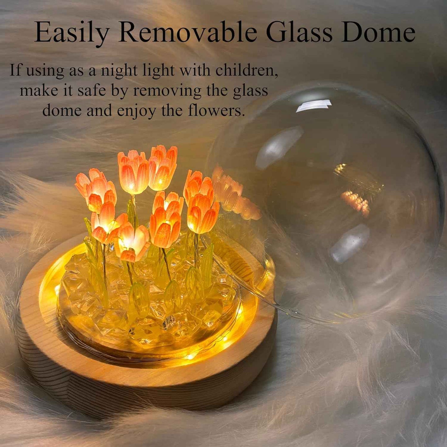 Tulip Lamp Glass Globe - Illuminated Flower Lamp with Glowing Blooms on Wooden Base - Battery-Powered Decorative Night Light for Bedroom, Living Room & Home Decor | Tulip and Rose Infinity Mirror, Gift for Women or Girl, Fully Assembled, in a Glass, Cuten