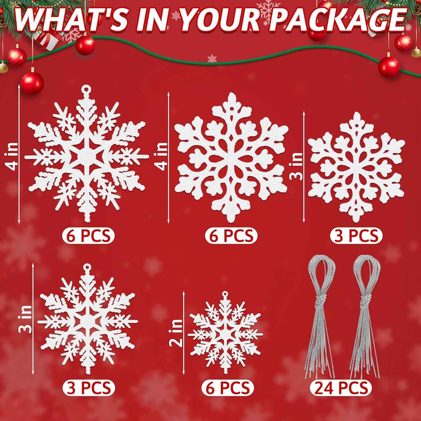 24PCS Snowflake Ornaments, Christmas White Snowflakes Tree Decorations, Plastic Glitter Snow Flakes Decorating Hanging, Xmas Tree Ornaments Indoor Ceiling Fireplace Winter Wonderland Decor