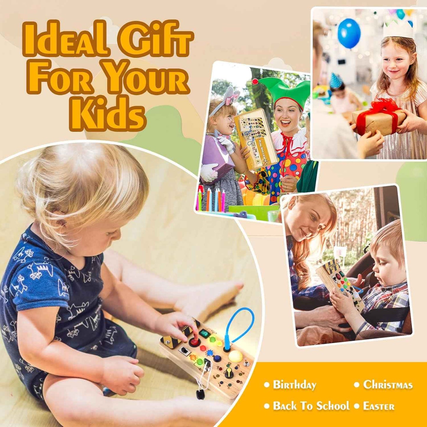 Hoarosall Montessori Wooden Busy Board with 8 LED Light switches, Sensory Toys Light Switch Travel Toys for 1+ Year Old Baby and Toddler