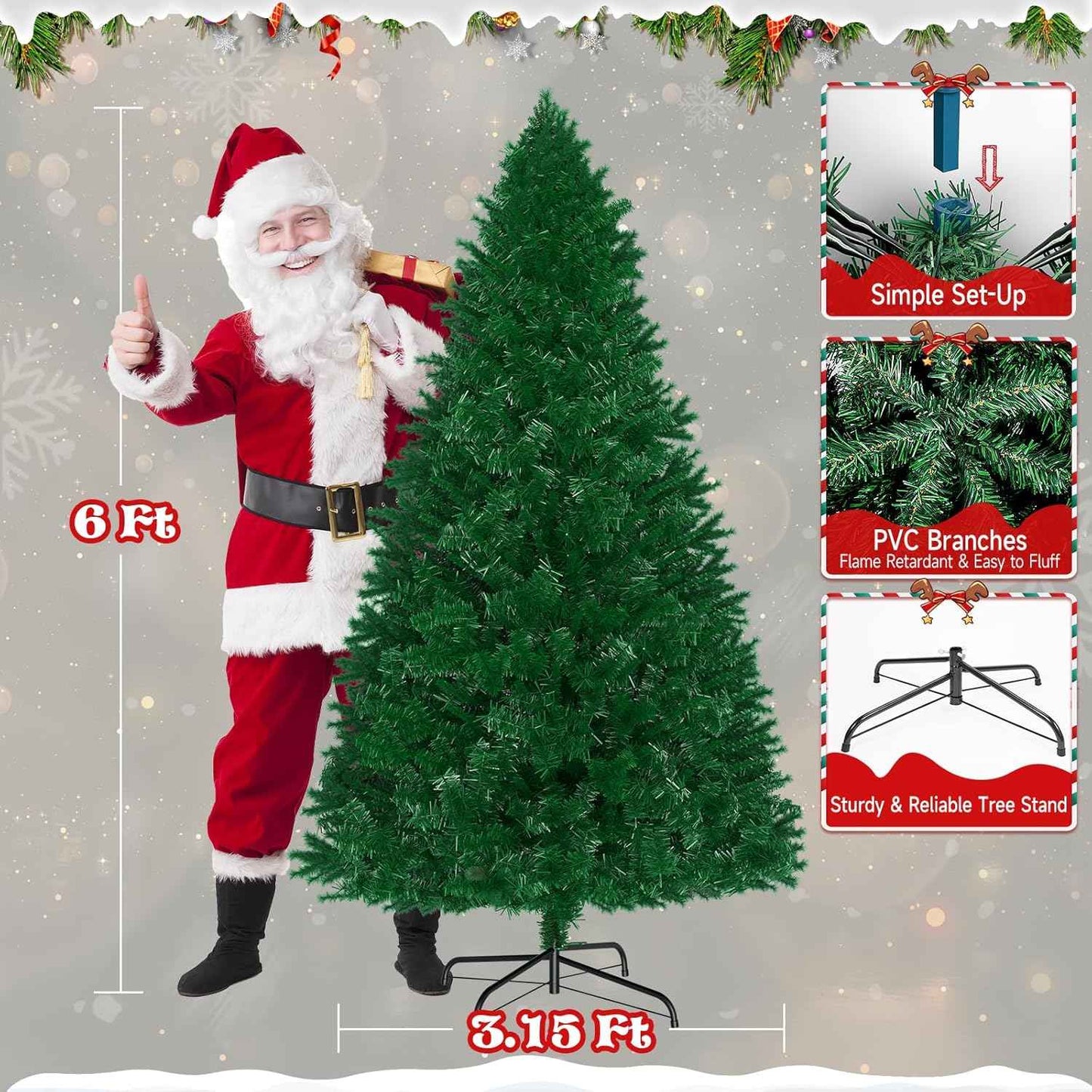 LEVELEVE Premium Pre-Lit 6FT Classic Artificial Holiday Christmas Tree w/1,000 Branch Tips,250 LED Lights for Home,Office,Party Decoration