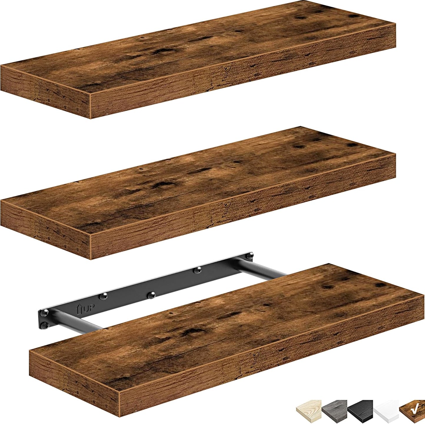 QEEIG Floating Shelves for Wall Bathroom Shelf Bedroom Kitchen Living Room Hanging Book Shelves Small Farmhouse Decor 16 inch Set of 3, Rustic Brown (015-BN3) - Rayz Mart