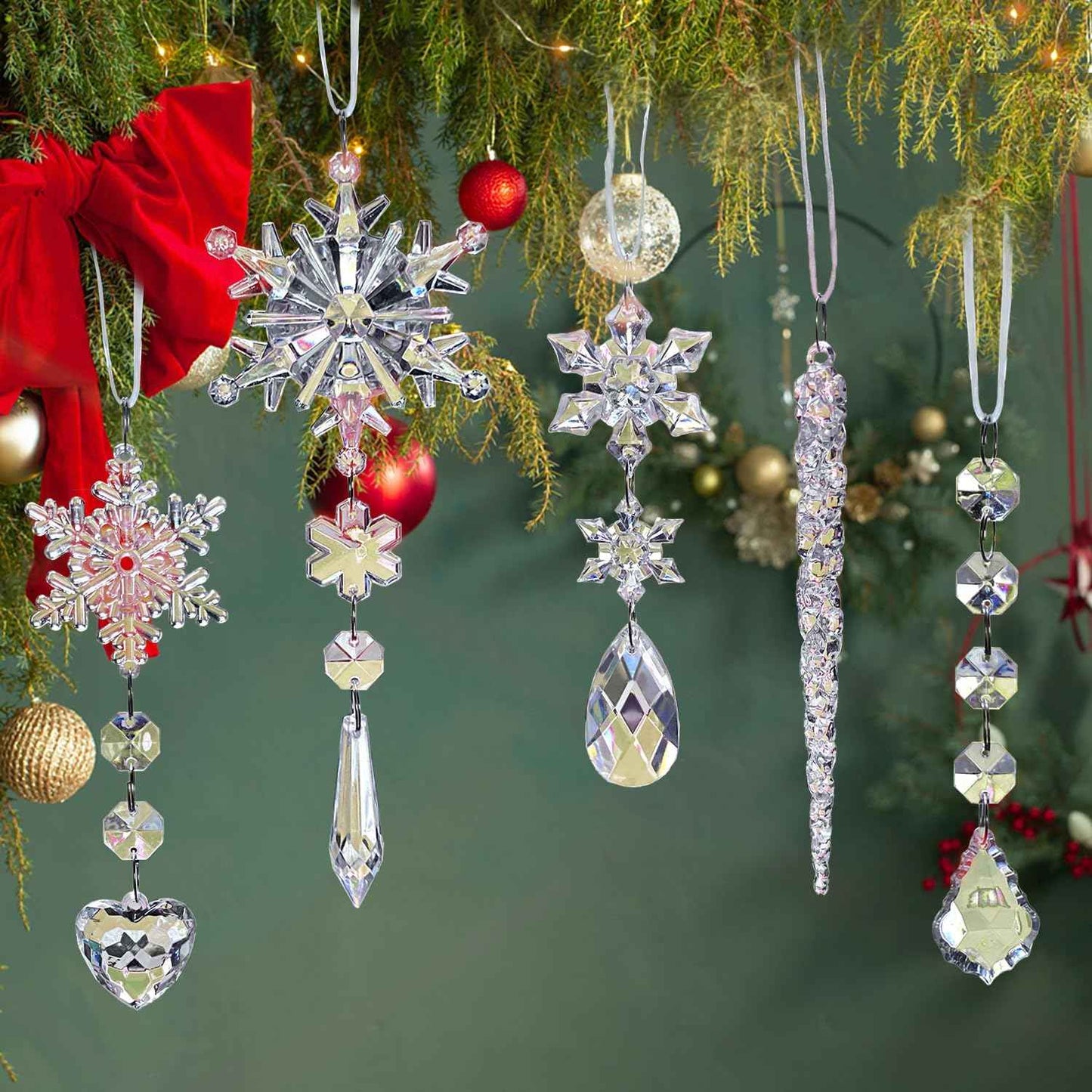 Jishi 21pcs Crystal Christmas Ornaments for Christmas Tree Decorations, Hanging Crystals Acrylic Snowflake Icicle Ornaments Set w/Drop Pendants for Winter Wonderland, Holiday Home Decor Party Supplies