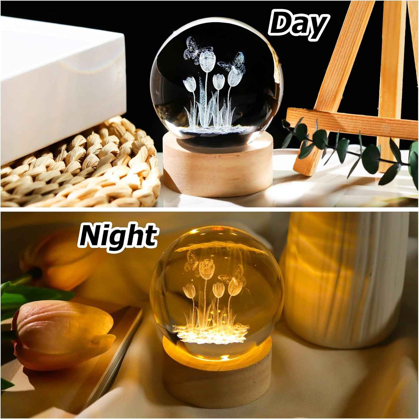 Enjinkail 3D Butterfly Tulips Crystal Ball with Wooden Light Base Glass Tulip Figurine Gift for Women Decor Tulips Statue Gifts for Mother's Day Birthday Valentine Christmas (Diameter 2.36 inches)