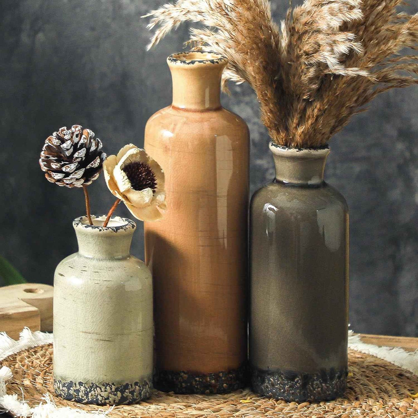 Ceramic Vase Set of 3, Neutral Flower Vases Home Decor, Pottery Rustic Farmhouse Decorative Vases Modern Decor for Table Mantel Entryway Bookshelf Living Room Kitchen Bedroom - Brown