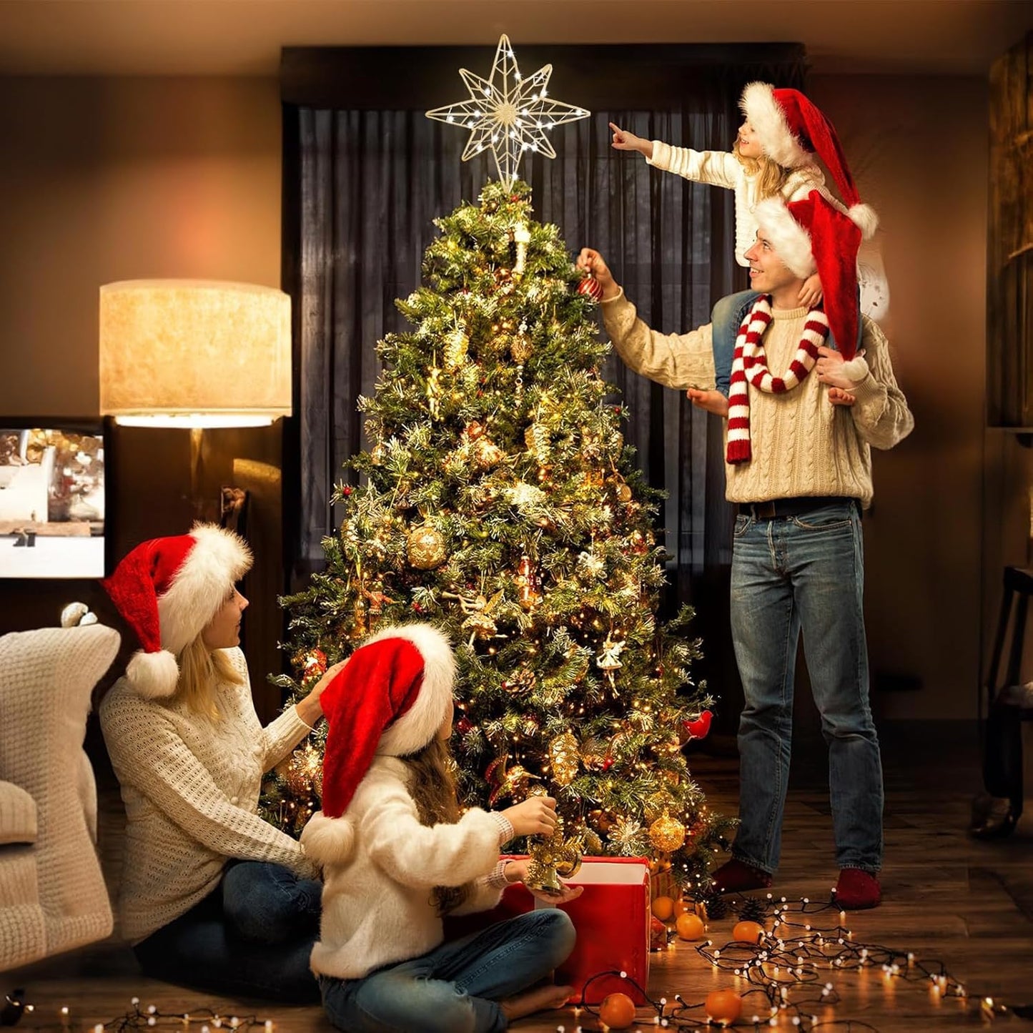 hogardeck Christmas Tree Topper, 11 Inches Lighted Gold Glittered 8-Point Star Tree Topper, 30 LED Sparkling Tree Toppers Christmas Decorations, Battery Powered Timer Xmas Treetop Star Decor