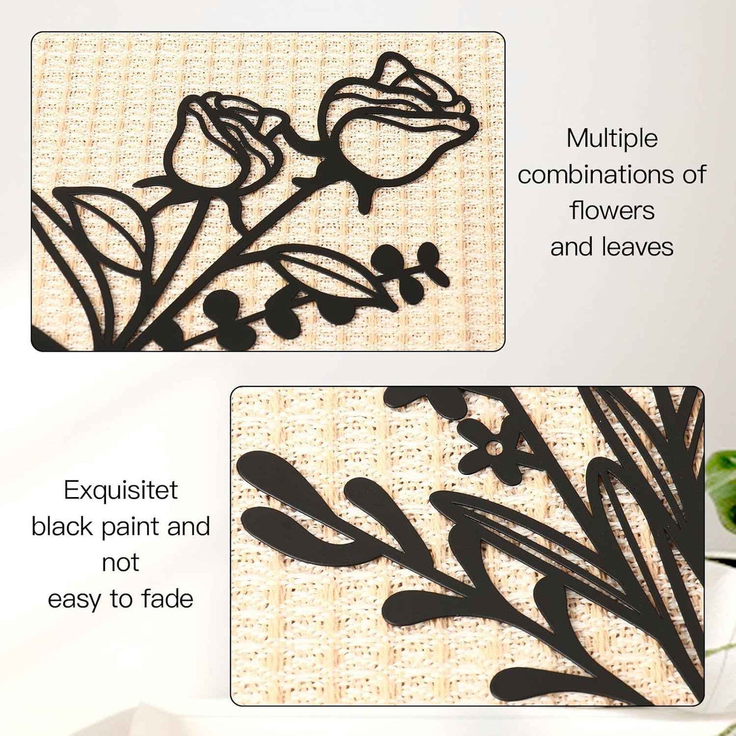 3 Pcs Large Black Metal Flowers and Vases Wall Decor Farmhouse Metal Flowers Wall Art Minimalist Art Flower Arrangement for Living Room Bedroom or Kitchen (Black, Floral C)