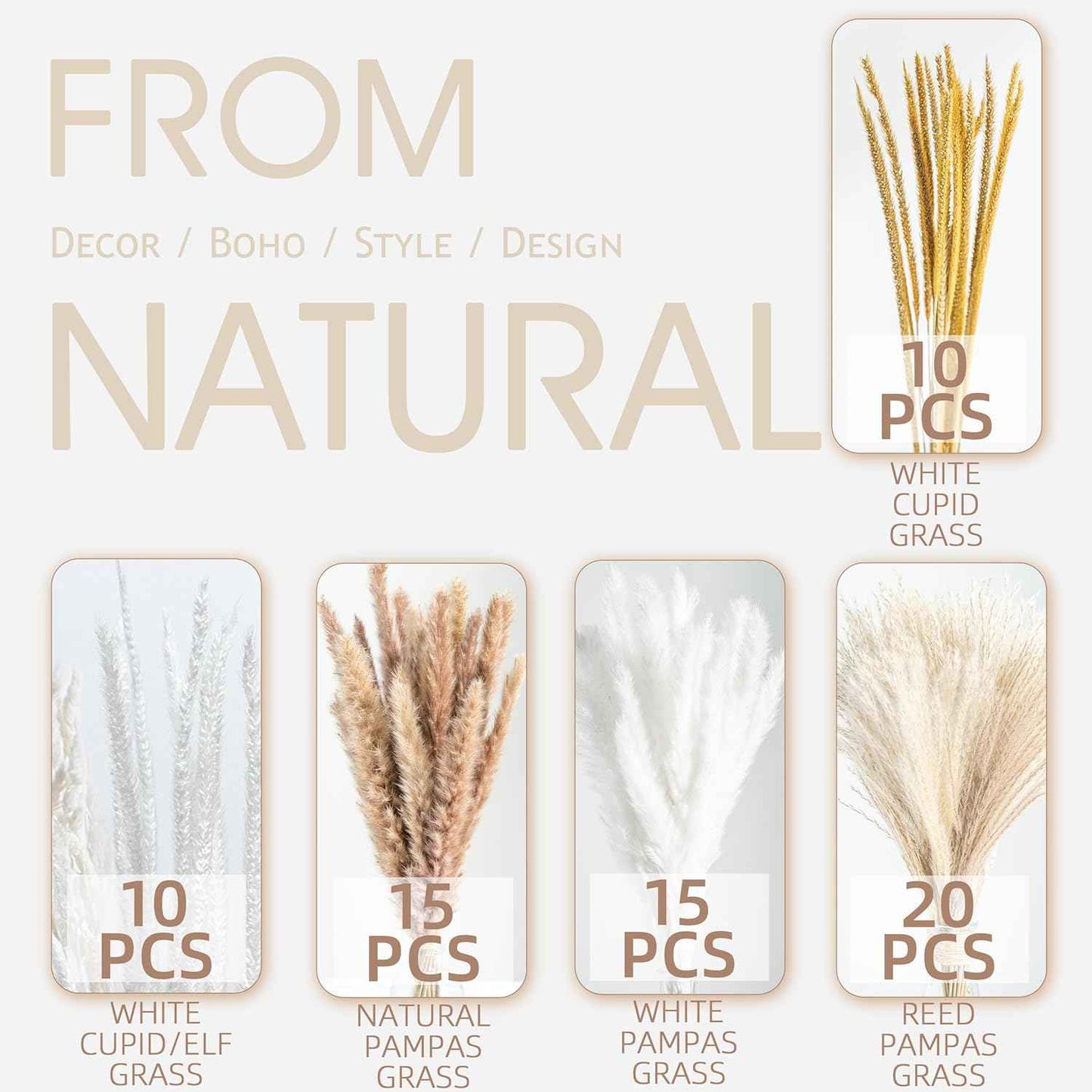 70PCS Natural Dried Pampas Grass Boho Home Decor Bouquet Phragmites Dried Flowers Bouquet for Wedding Floral Arrangements Home Decorations (70PCS)
