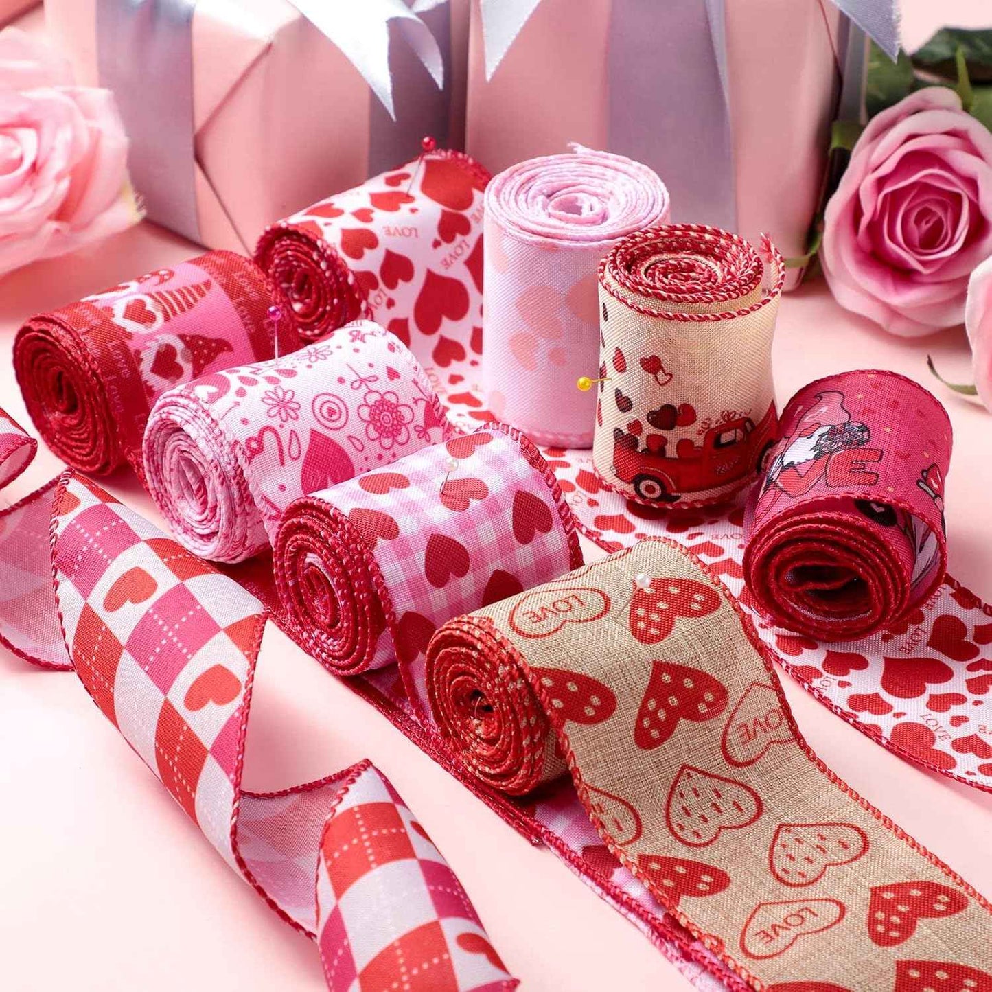 9 Rolls Valentines Wired Edge Ribbon Red Love Heart Truck Pattern Ribbons for Christmas Gift Wrap DIY Crafts Wedding Birthday Party Decoration Bow 2. 5 Inch