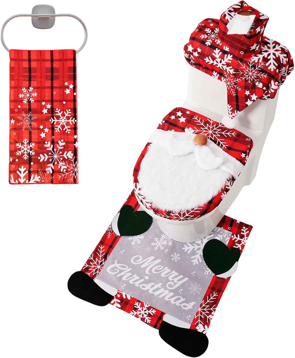 JOYIN 5 Pieces Christmas Theme Bathroom Decoration Set w/Toilet Seat Cover, Rugs, Tank Cover, Toilet Paper Box Cover and Santa Towel for Xmas Indoor DΓ©cor, Party Favors (Santa)