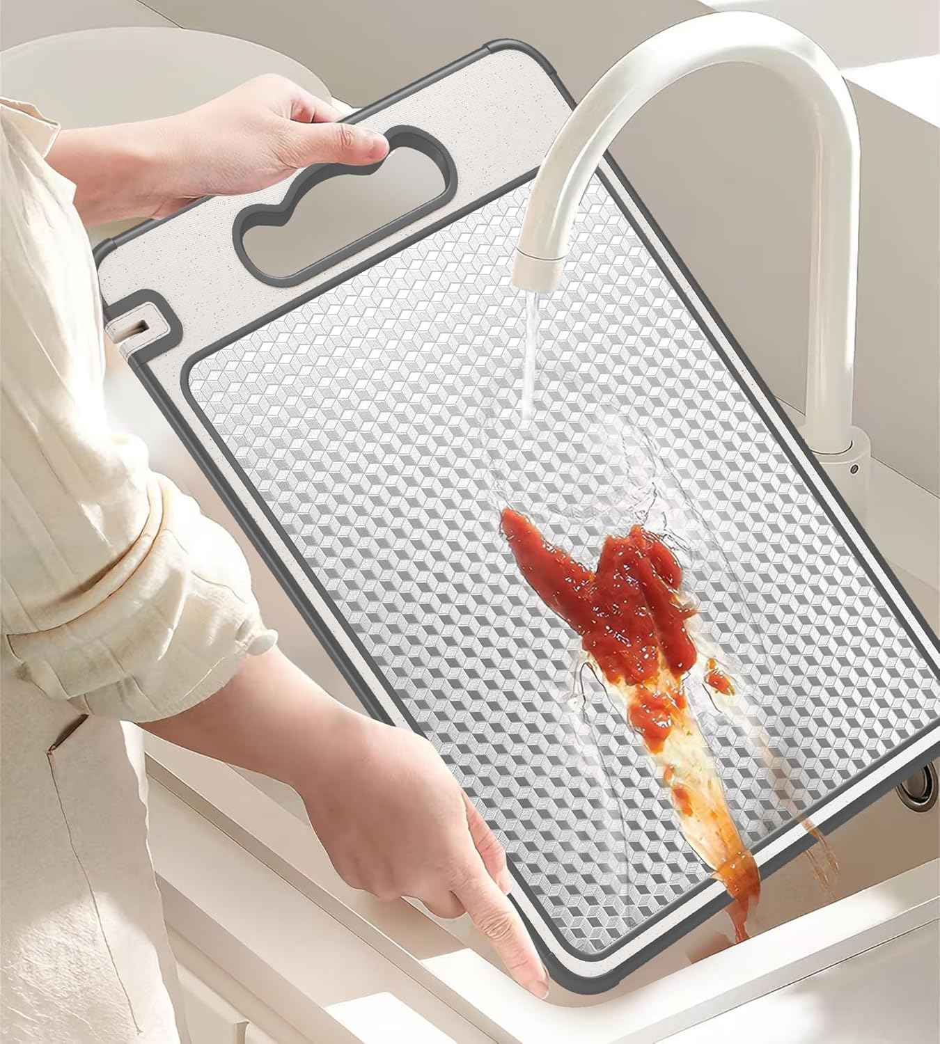 Double Sided 304 Stainless Steel & Wheat Straw Cutting Board, 14.4"*9.8" Non Toxic Chopping Board, Separately Handle Meat and Vegetables, Dishwasher Safe, Scratch Resistant Mesh Design