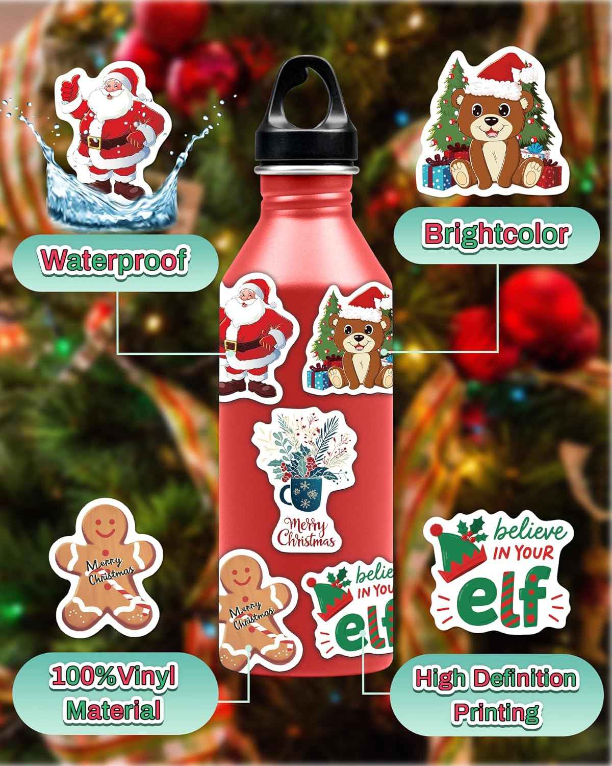 300 PCS Christmas Stickers for Kids, Christmas Party Favors Stocking Stuffers Vinyl Water Bottles Stickers Crafts Gifts for Classroom Students Holiday Sticker for Kids Teens Adults