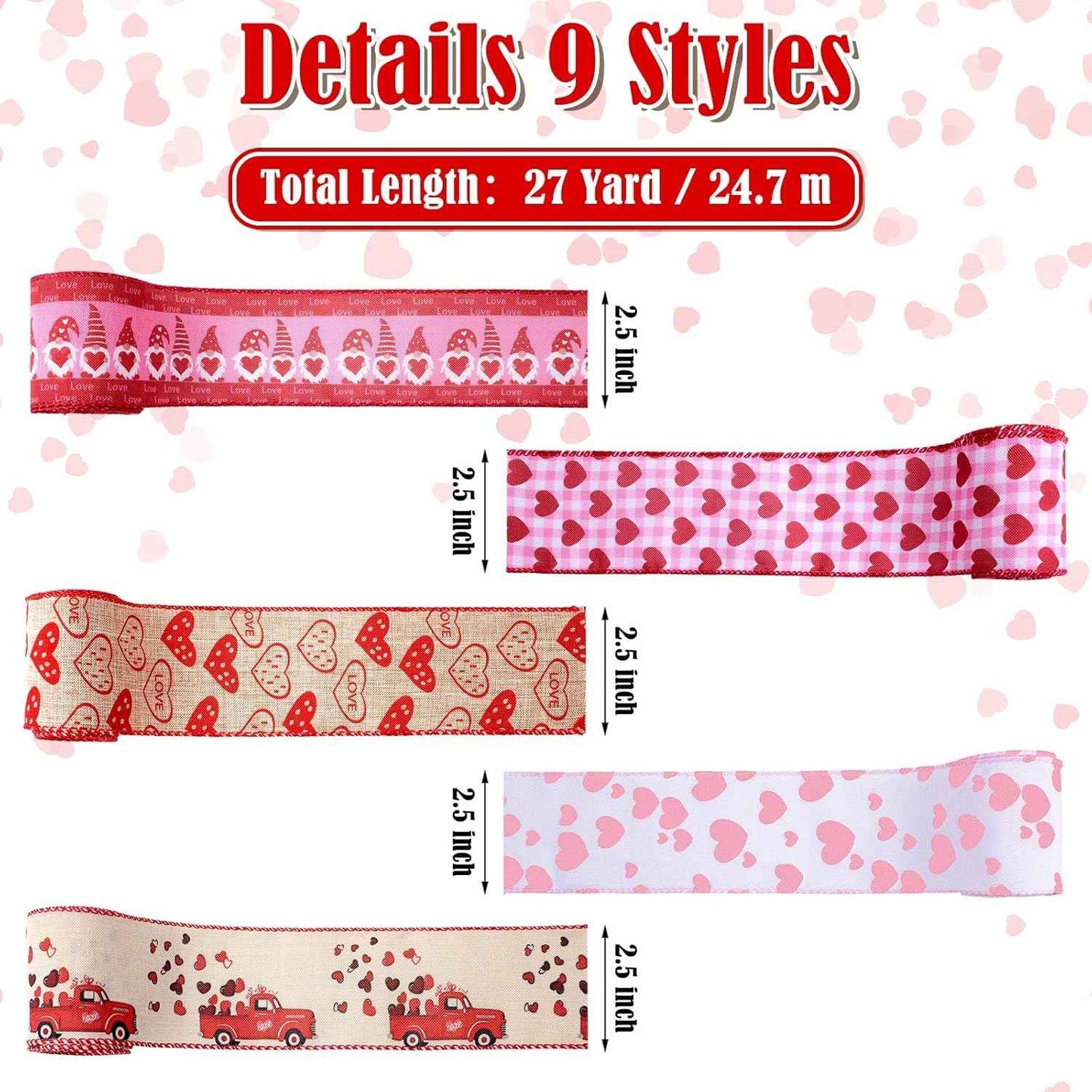 9 Rolls Valentines Wired Edge Ribbon Red Love Heart Truck Pattern Ribbons for Christmas Gift Wrap DIY Crafts Wedding Birthday Party Decoration Bow 2. 5 Inch