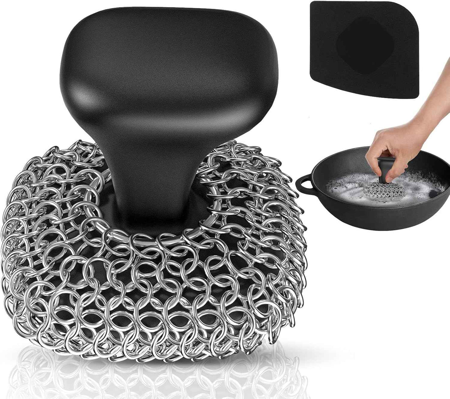 316 cast iron scrubber chainmail scrubber with pan scraper for kitchen and pan cleaning, dishwasher safe, black