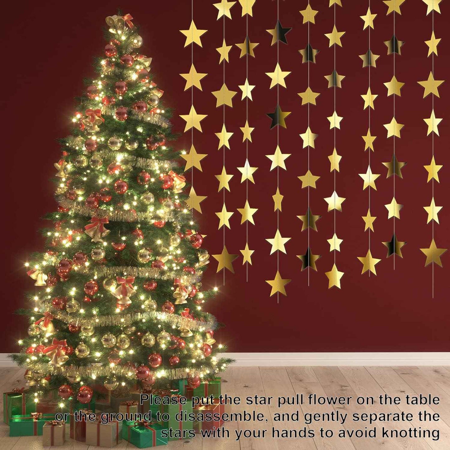 Patelai Glitter Star Garland Banner Christmas Decor 130 Feet Star Hanging Bunting Banner Twinkle Backdrop for Homecoming Classroom Wedding Birthday Halloween Party Supplies(Gold)