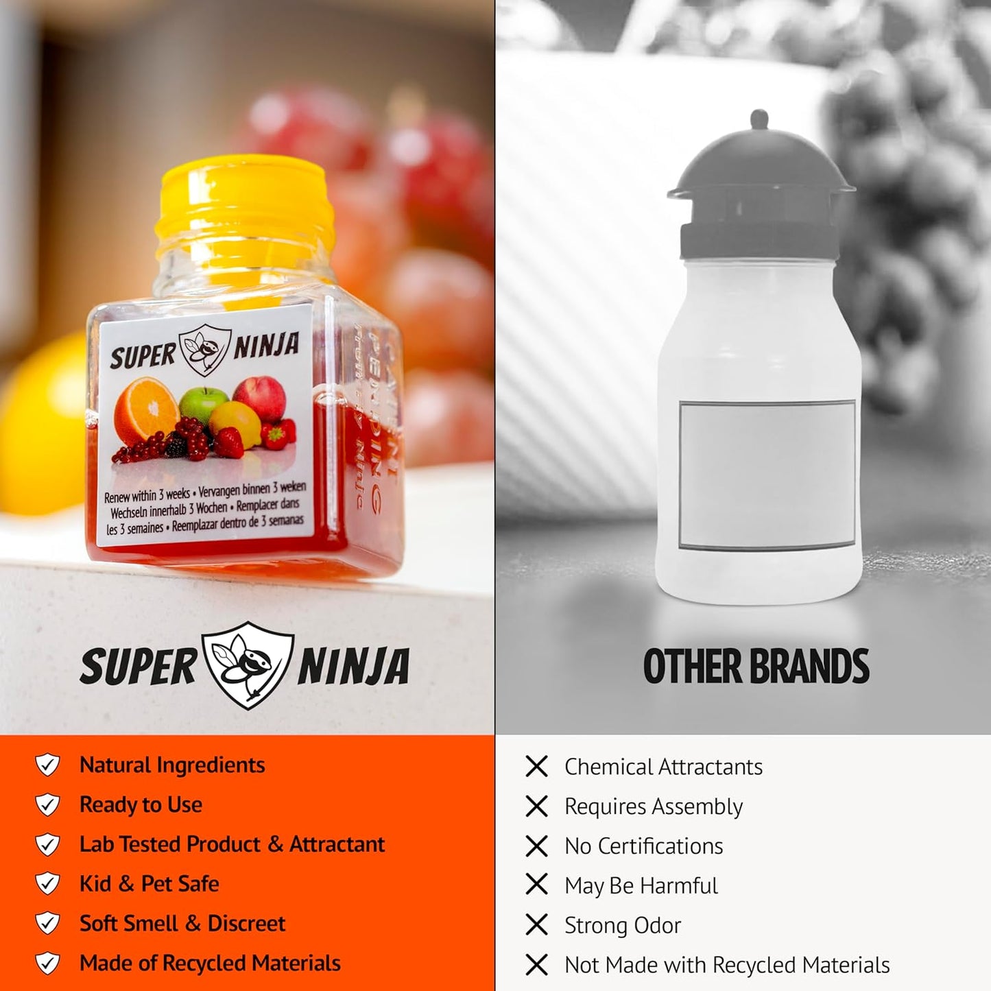Super Ninja Fruit Fly Traps for Indoors - 4 Pack, Highly Effective Fruit Fly Catcher for Indoor Use for Home & Kitchen, Up to 3 Weeks of Performance per Bottle, Kid & Pet Friendly