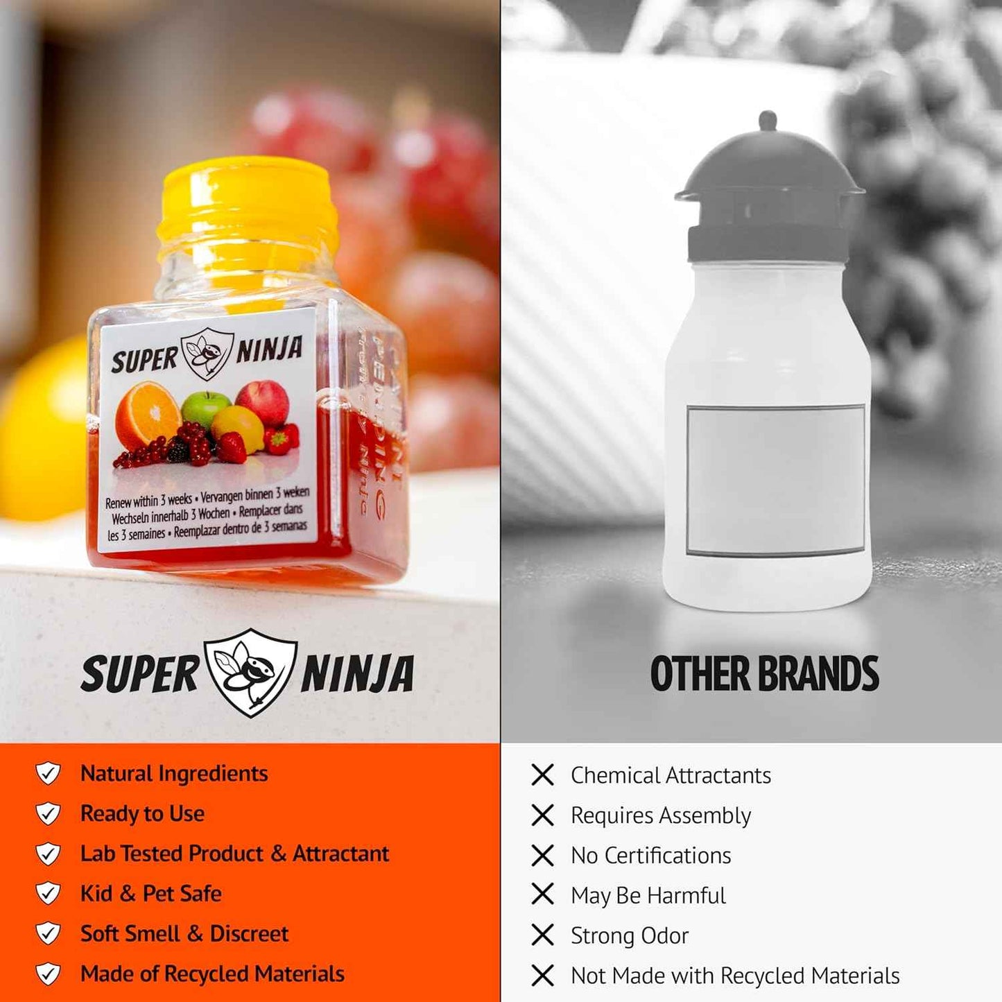 Super Ninja Fruit Fly Traps for Indoors - 4 Pack, Highly Effective Fruit Fly Catcher for Indoor Use for Home & Kitchen, Up to 3 Weeks of Performance per Bottle, Kid & Pet Friendly