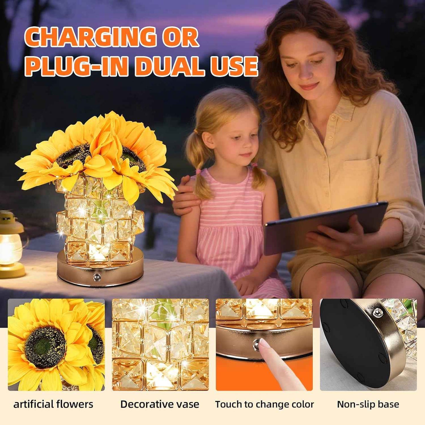 LED Rose Light with Crystal Base, USB Rechargeable, 800mAh Battery, 5V (Rose Light)