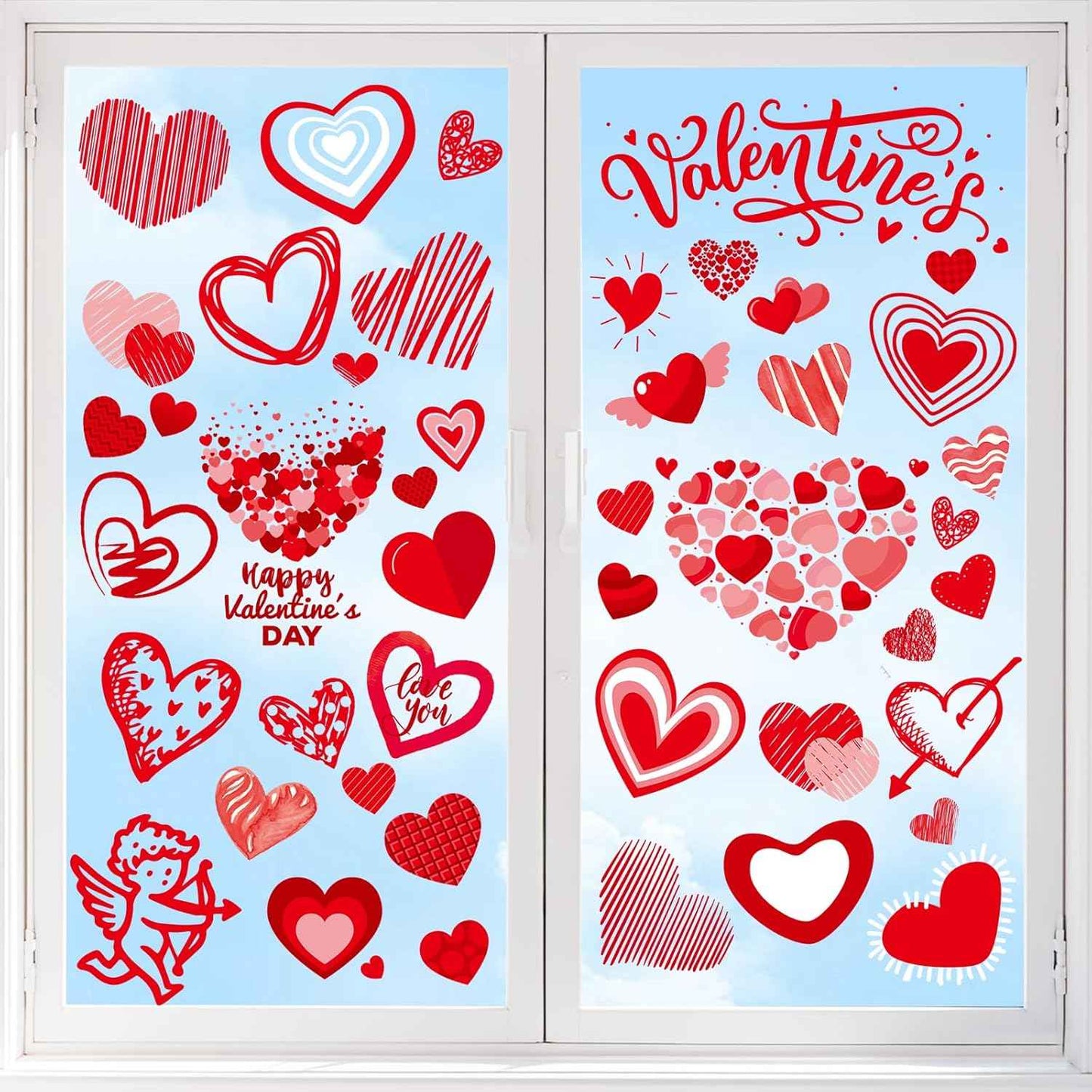 Valentines Day Window Clings Decor, Valentines Day Decorations, Red Heart Stickers for Home, Office, Classroom, Romantic Cupid Decals Décor, 9 Sheets
