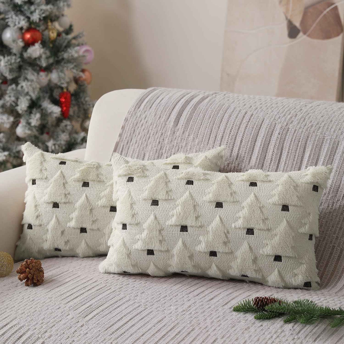 Christmas Pillow Covers 18x18 inch, Set of 2 Soft Plush Faux Fur Wool Throw Pillow Cases with Beige Christmas Tree Design