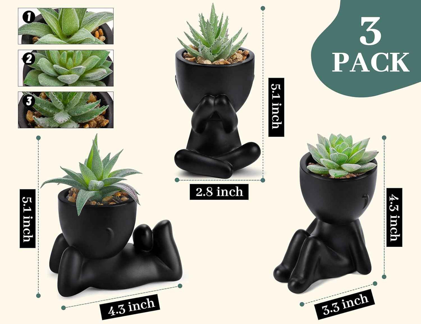 Der Rose 3pcs Fake Succulents Plants Artificial for Black Bathroom Bedroom Home Living Room Halloween Decor Aesthetic Indoor