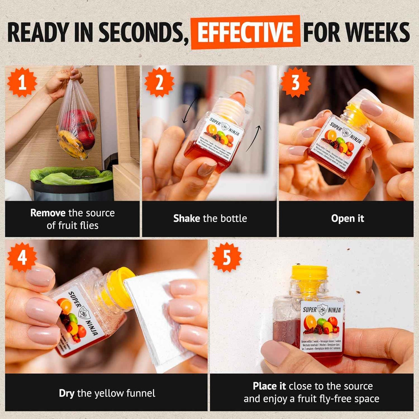 Super Ninja Fruit Fly Traps for Indoors - 4 Pack, Highly Effective Fruit Fly Catcher for Indoor Use for Home & Kitchen, Up to 3 Weeks of Performance per Bottle, Kid & Pet Friendly