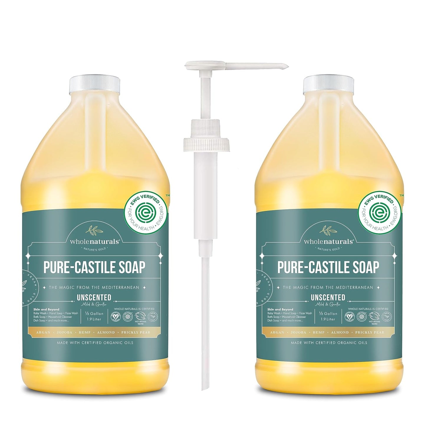 WHOLENATURALS Pure Castile Soap Liquid, EWG Verified & Certified Palm Oil Free Unscented, Natural, Mild & Gentle Non-gmo & Vegan - Organic Body Wash, Laundry, Pet/Dog and Baby Soap - 64 Fl Oz