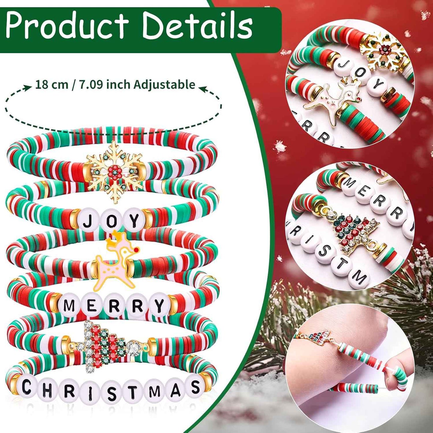 Christmas Bracelets for Women Men Teens Joy Merry Christmas Charms Beaded Stretch Bracelets Christmas Festive Gifts Outfit Accessories