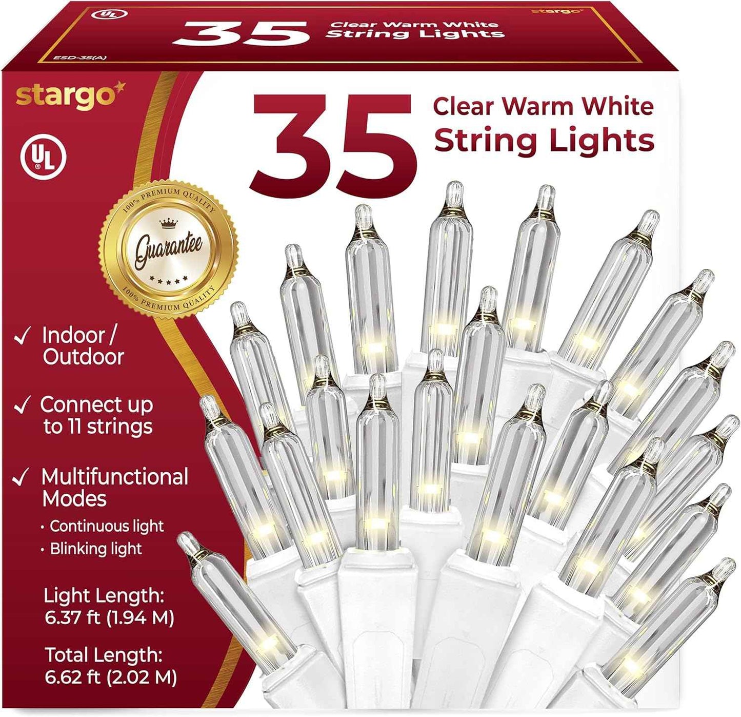 Clear Warm White Christmas Tree Lights, 6.3FT String with 35 Mini Incandescent Bulbs, Green Wire, Twinkle Lighting Modes