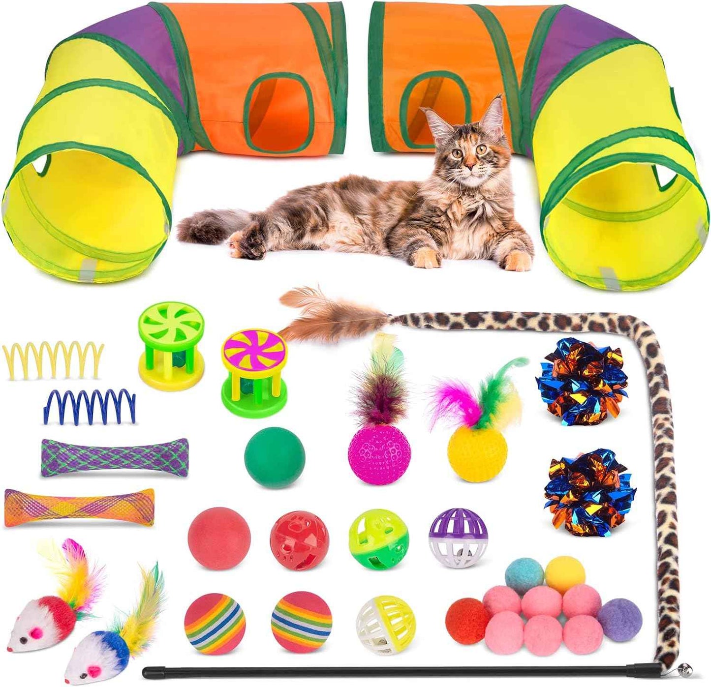 Retro Shaw Cat Toys Pack 33Pcs, Interactive Kitten Toys for Indoor Cats Kitty with Collapsible Play Tunnel Tube Tent Feather Wand Teaser Bell Fuzzy Ball Springs Mouse Toy