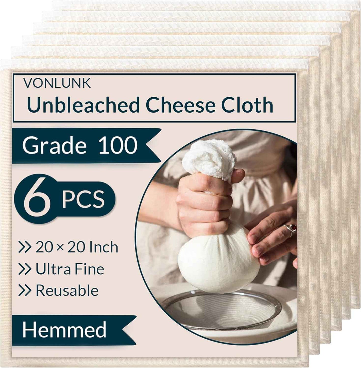 6-Pack Cheesecloth, 20x20 Inch Hemmed Cheese Cloth for Straining, Reusable Unbleached Cotton Strainer for Cooking, Baking, Juicing, and Cheese Making (Grade 100)
