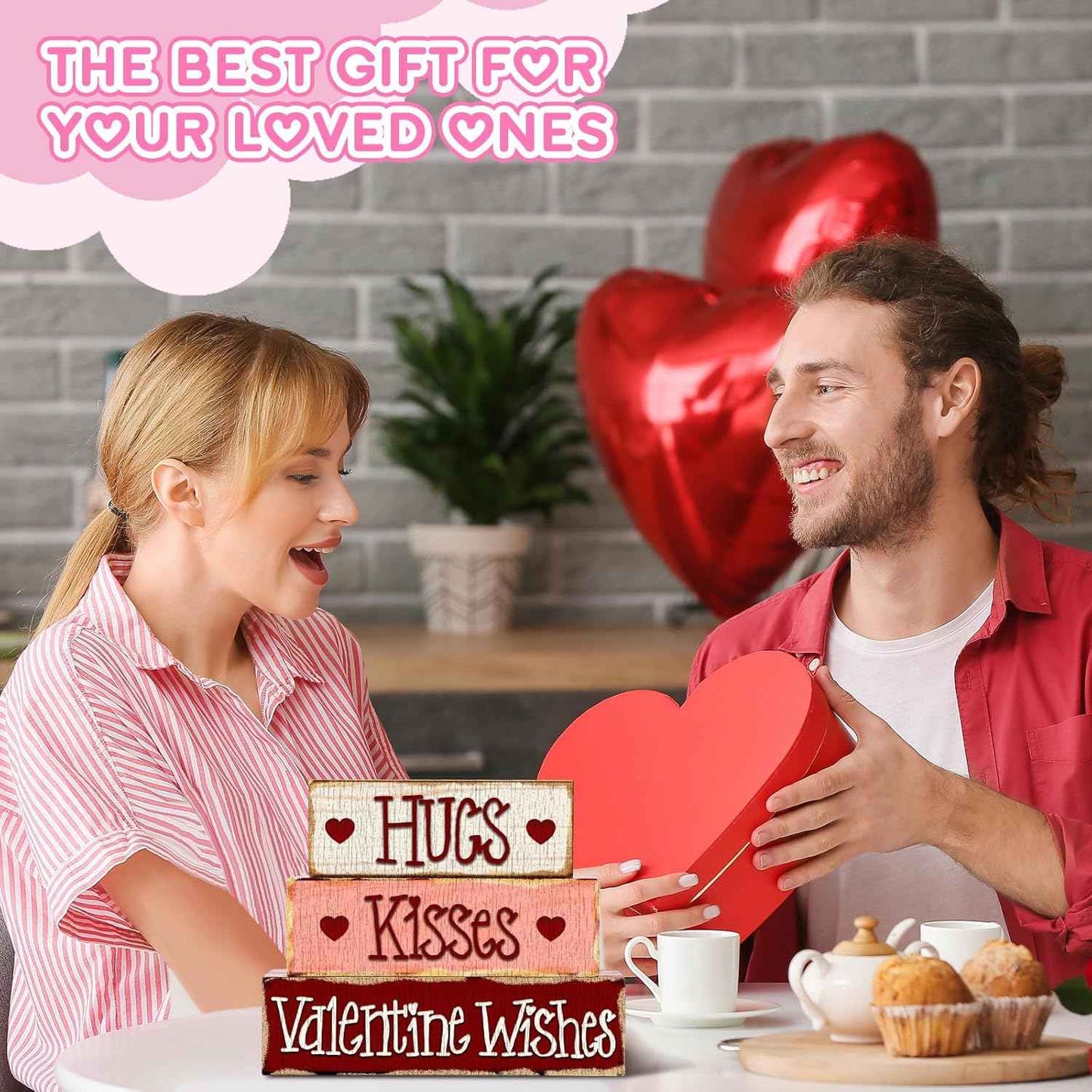 3 Pcs Valentine Table Decoration Signs Tiered Tray Valentine Wooden Love Blocks Heart Wood Freestanding Decor for Farmhouse Centerpiece Wedding Gift(Classic Style)