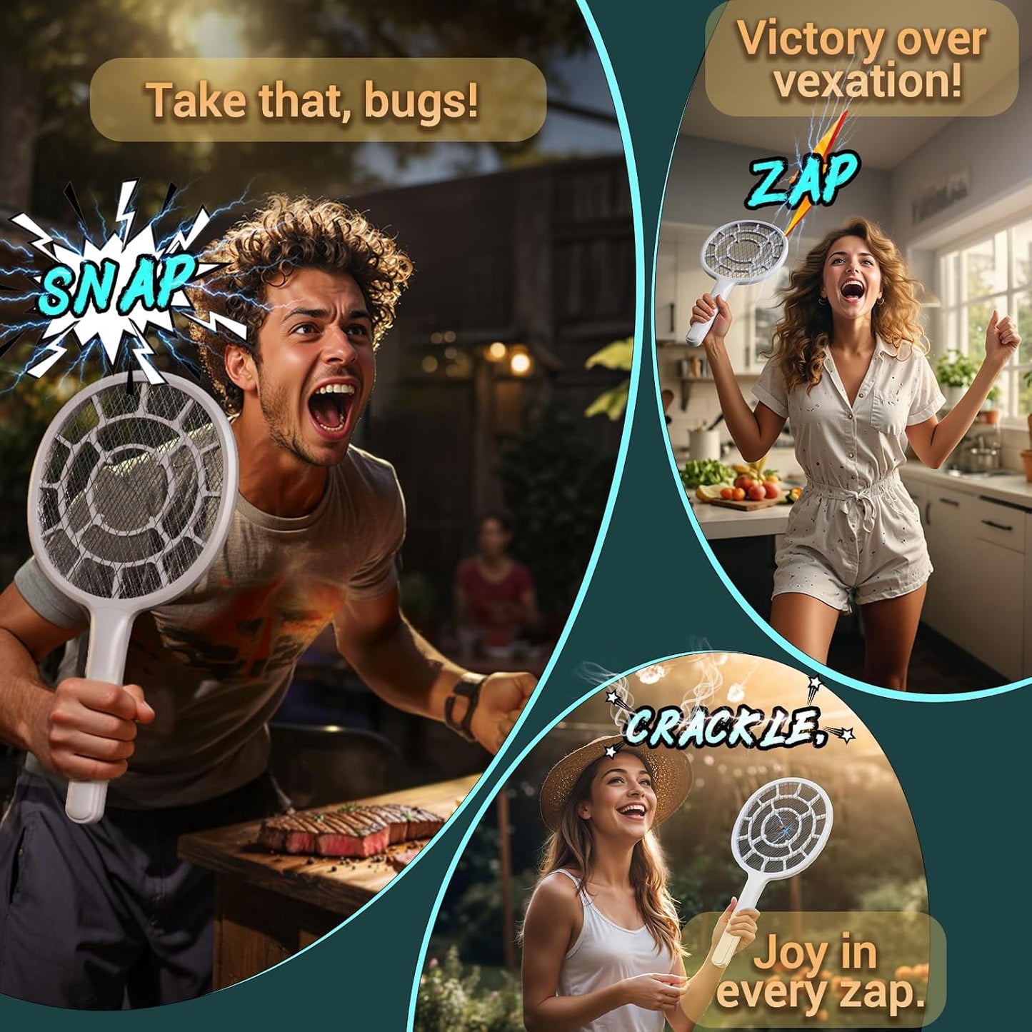 Electric Fly Swatter, Bug Zapper, Mosquito Zapper Racket | Gold Zone Voltage, Densest 3 mm Mesh, Apple-Like Weight - AA Battery Powered (not incl.) - Indoor & Outdoor Use with Pro Swat Tips