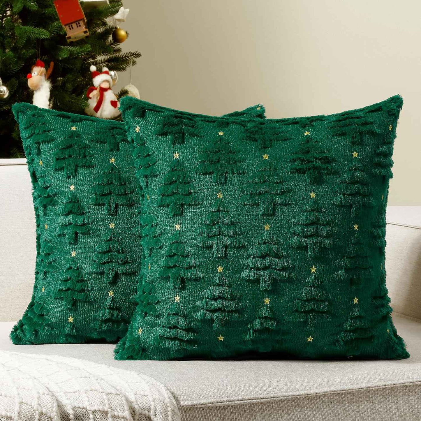 Softalker Christmas Throw Pillow Covers 18 x 18 Inch Set of 2, Xmas Winter Christmas Tree Faux Fur Cushion Covers, 3D Embroidered Pillow Cases for Couch Bedroom Living Room Decor, Green